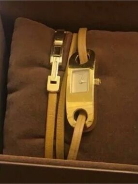 Gucci Gold and Tan Leather Wrap Watch Necklace